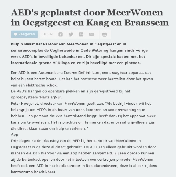 AED’s  geplaatst door MeerWonen in Oegstgeest en Kaag en Braassem