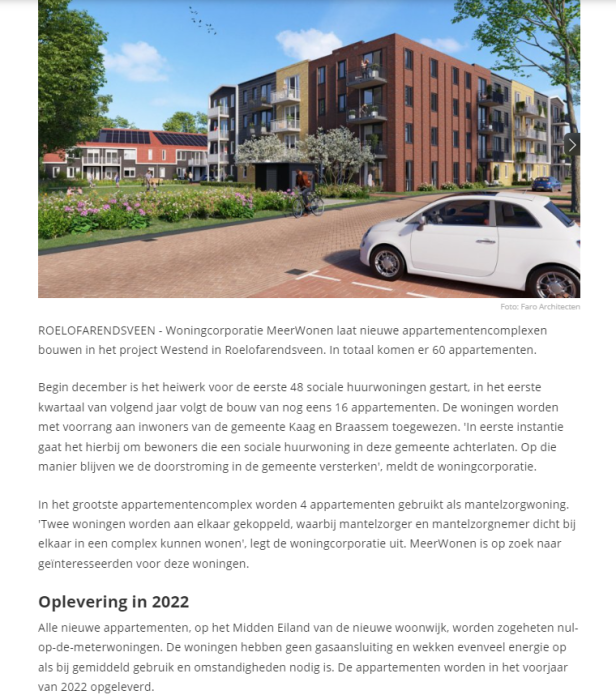 MeerWonen realiseert 60 nieuwe appartementen in Roelofarendsveen